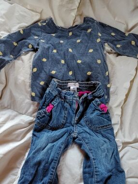 12 Months Baby Blue Denim Pants with Hot Pink Liner/ Lemon Shirt Outfit